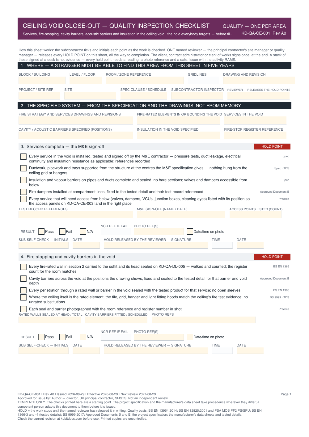 Ceiling Void Close-Out — Quality Inspection Checklist — page one