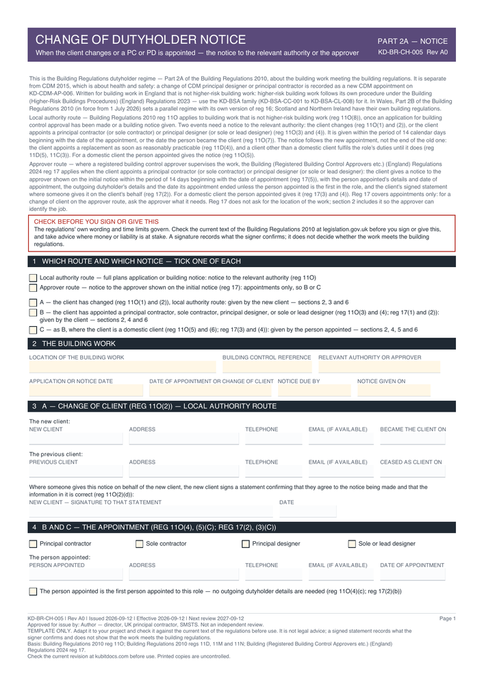Change of Dutyholder Notice — page one