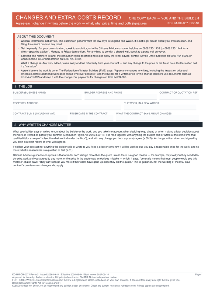 Changes and Extra Costs Record — page one