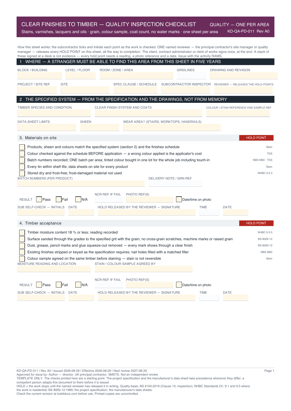 Clear Finishes to Timber — Quality Inspection Checklist — page one
