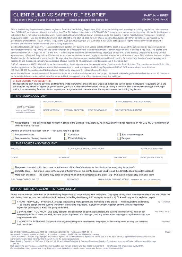 Client Building Safety Duties Brief — page one