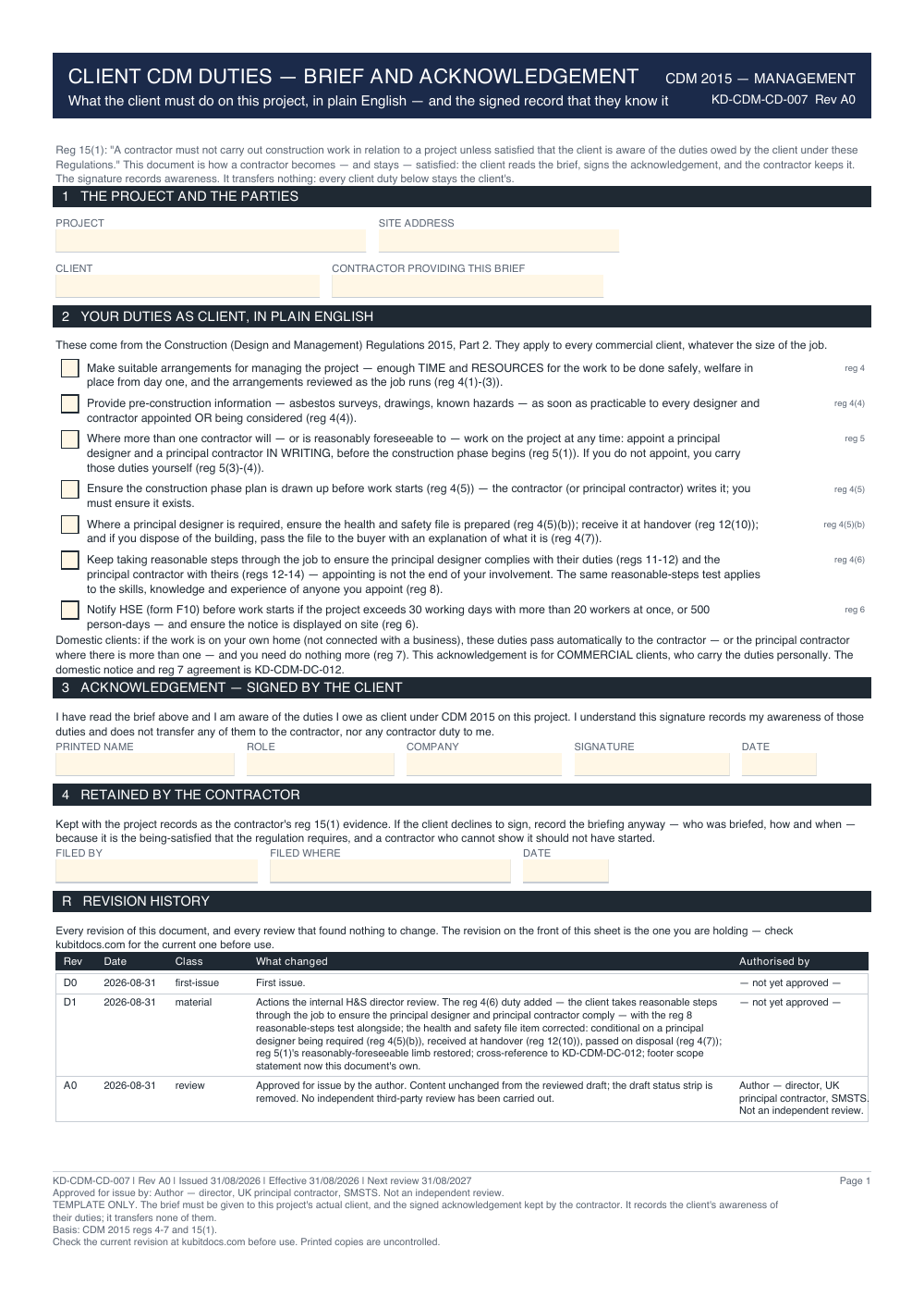 Client CDM Duties — Brief and Acknowledgement — page one