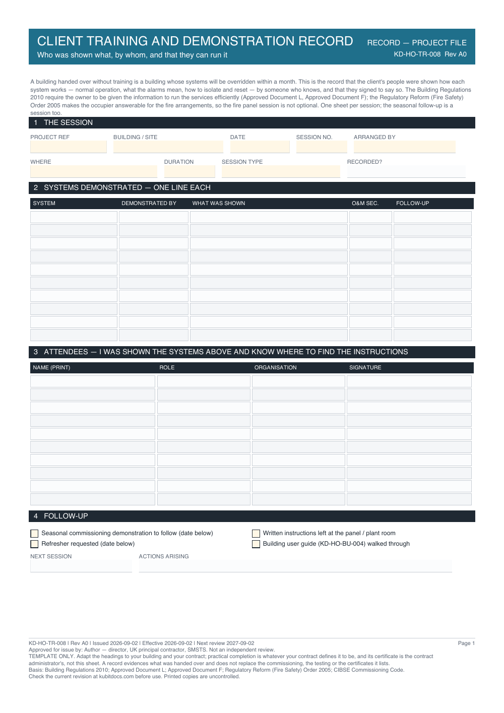 Client Training and Demonstration Record — page one
