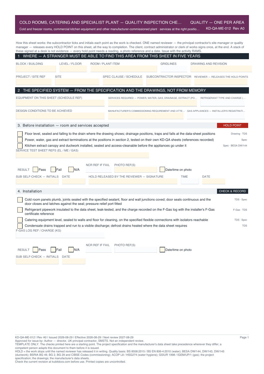 Cold Rooms, Catering and Specialist Plant — Quality Inspection Checklist — page one