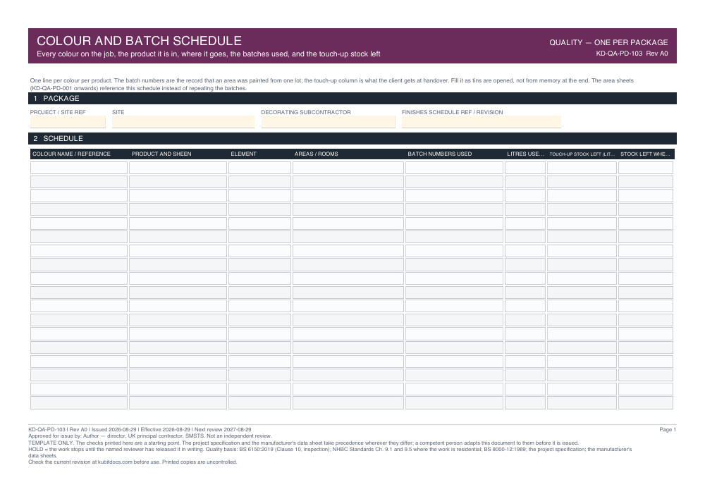 Colour and Batch Schedule — page one