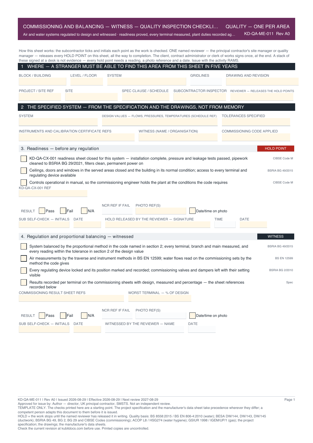 Commissioning and Balancing — Witness — Quality Inspection Checklist — page one