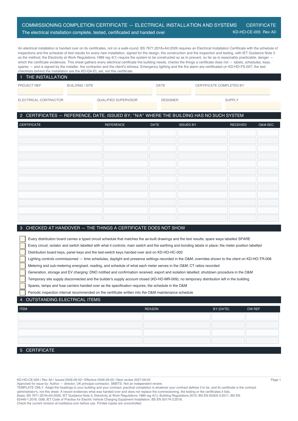Commissioning Completion Certificate — Electrical Installation and Systems — page one