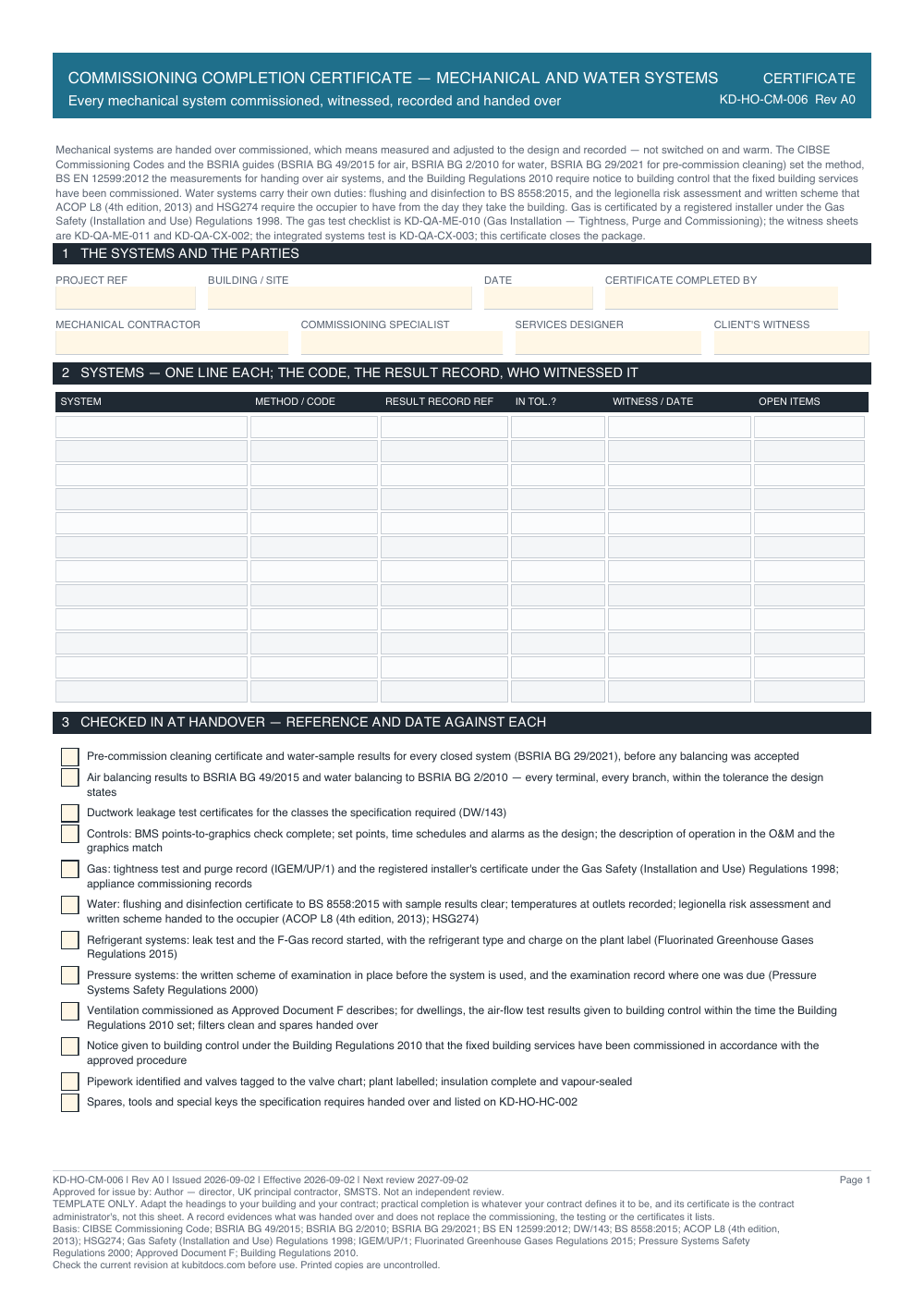 Commissioning Completion Certificate — Mechanical and Water Systems — page one