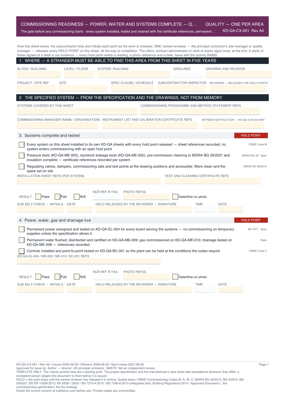 Commissioning Readiness — Power, Water and Systems Complete — Quality Inspection Checklist — page one