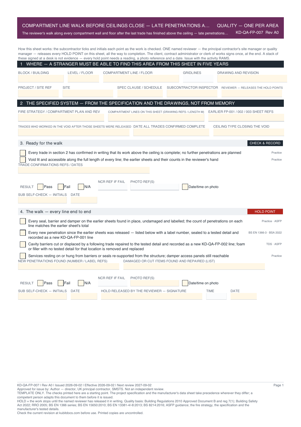 Compartment Line Walk Before Ceilings Close — Late Penetrations and Damage — Quality Inspection Checklist — page one