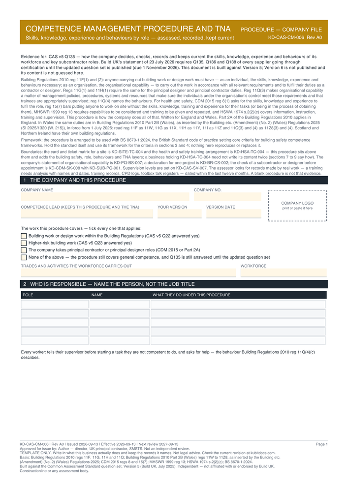 Competence Management Procedure and TNA — page one