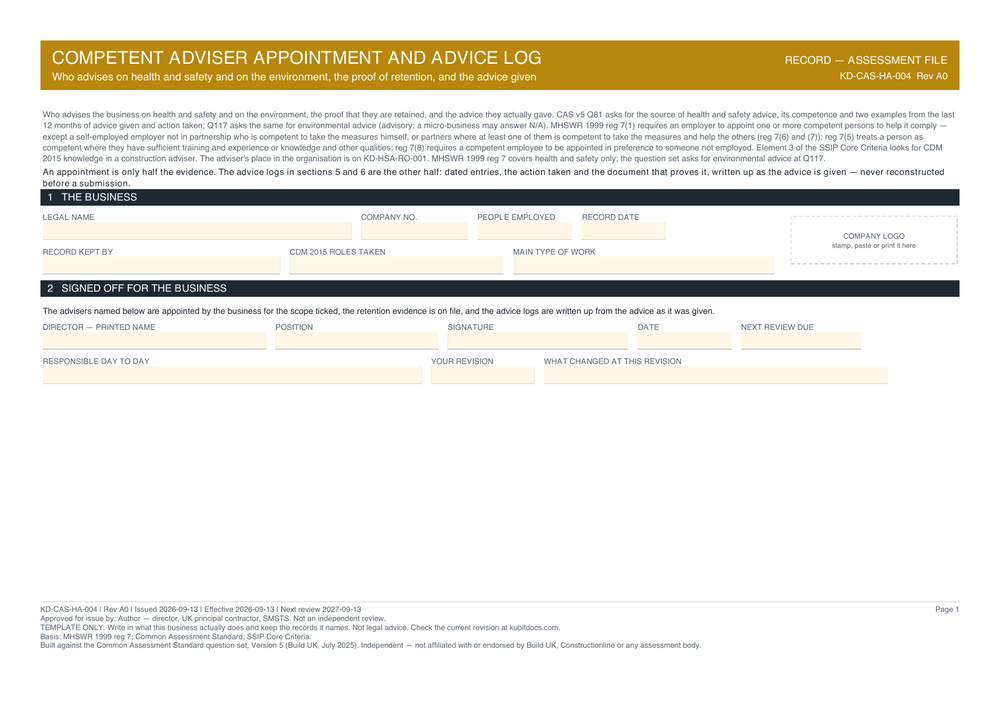 Competent Adviser Appointment and Advice Log — page one