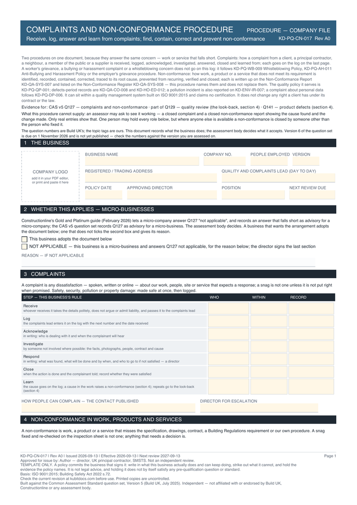 Complaints and Non-Conformance Procedure — page one