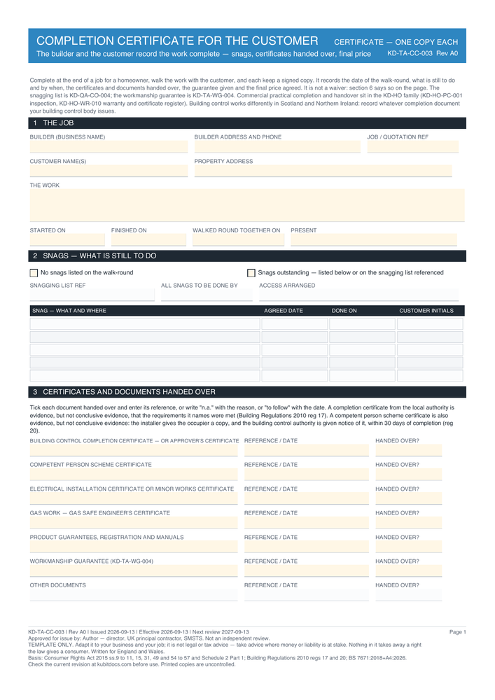 Completion Certificate for the Customer — page one