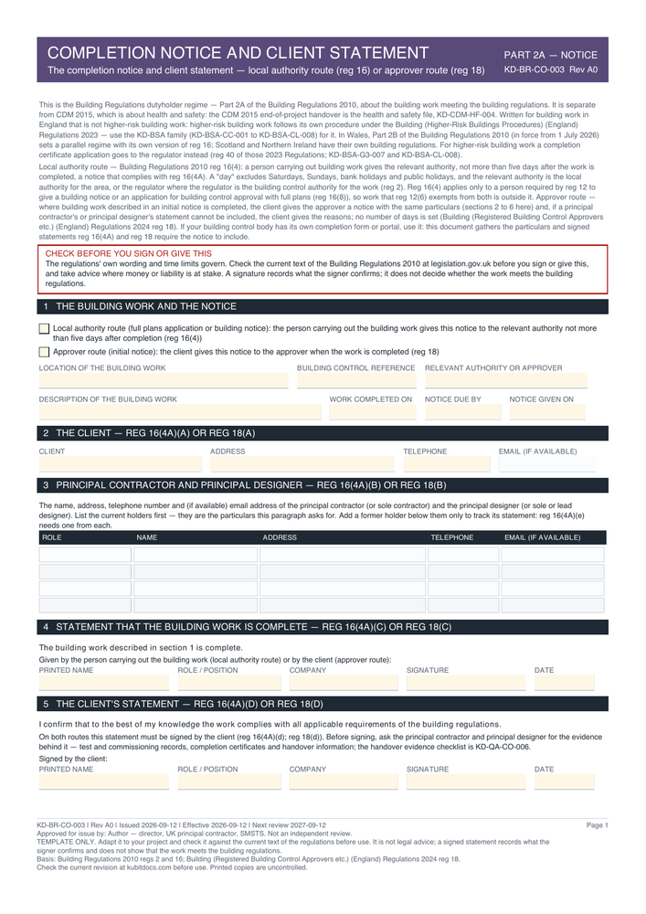 Completion Notice and Client Statement — page one