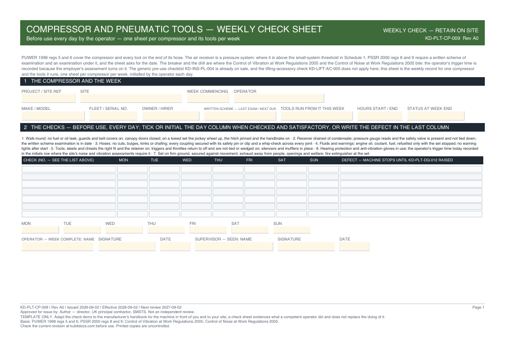 Compressor and Pneumatic Tools — Weekly Check Sheet — page one