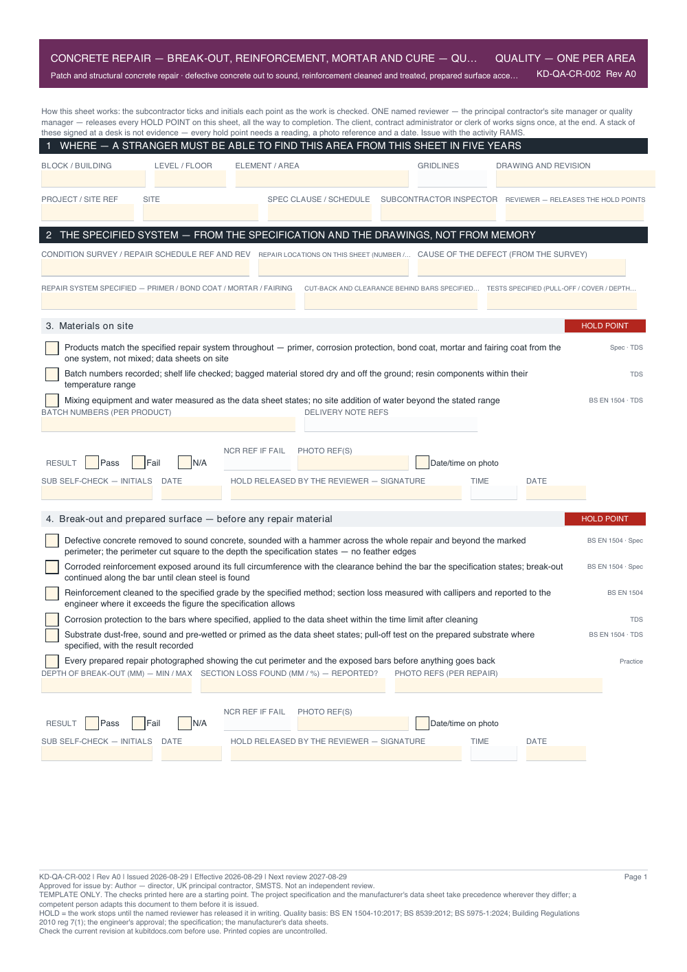 Concrete Repair — Break-Out, Reinforcement, Mortar and Cure — Quality Inspection Checklist — page one