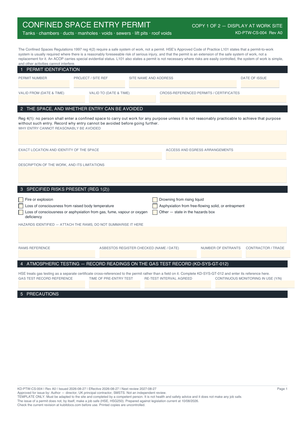 Confined Space Entry Permit — page one