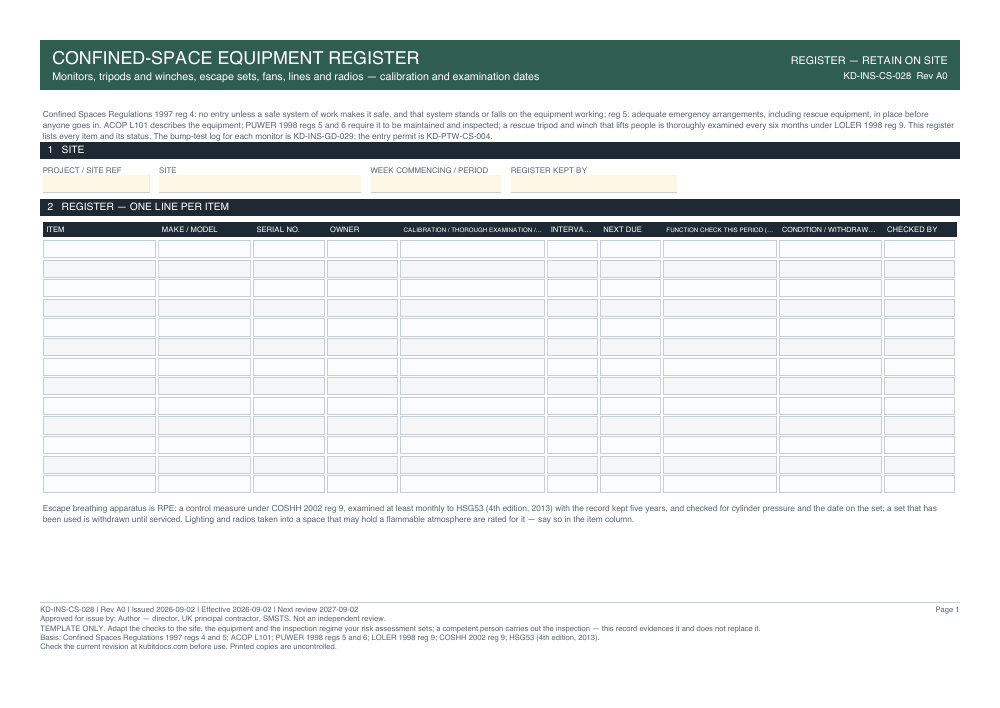 Confined-Space Equipment Register — page one