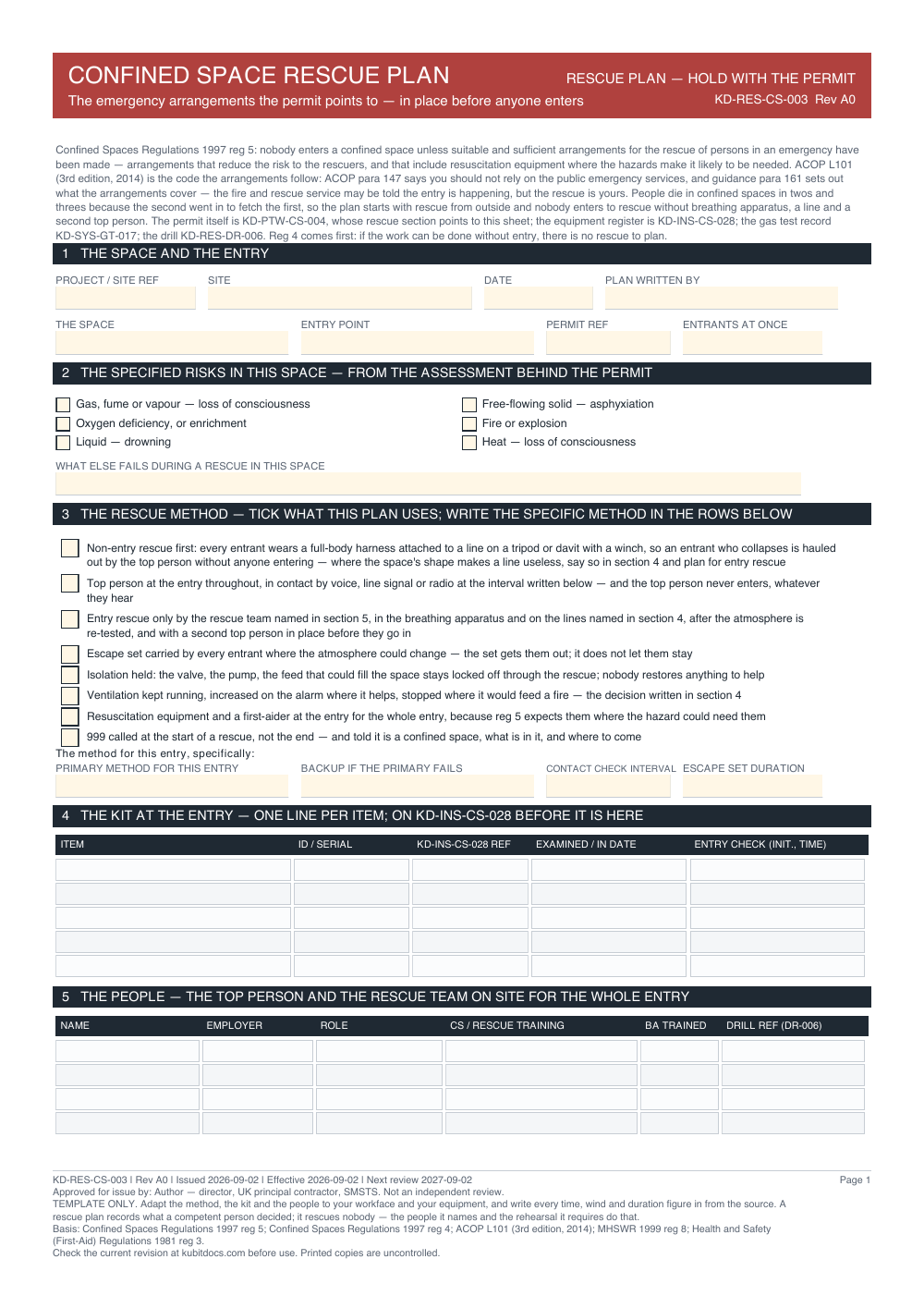 Confined Space Rescue Plan — page one