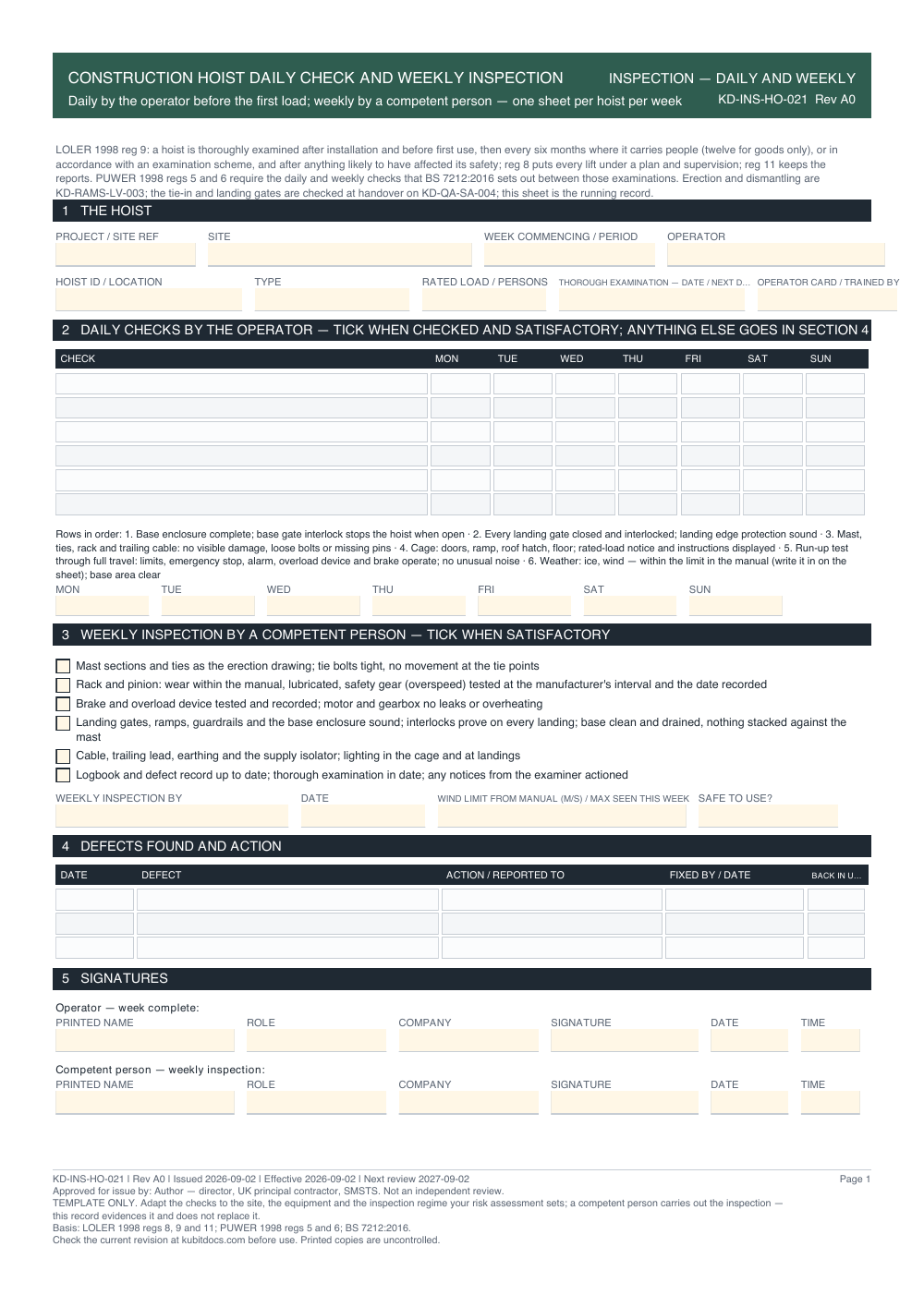 Construction Hoist Daily Check and Weekly Inspection — page one
