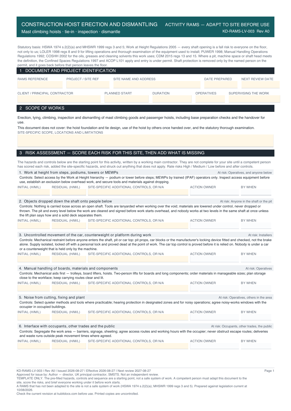 Construction Hoist Erection and Dismantling — page one