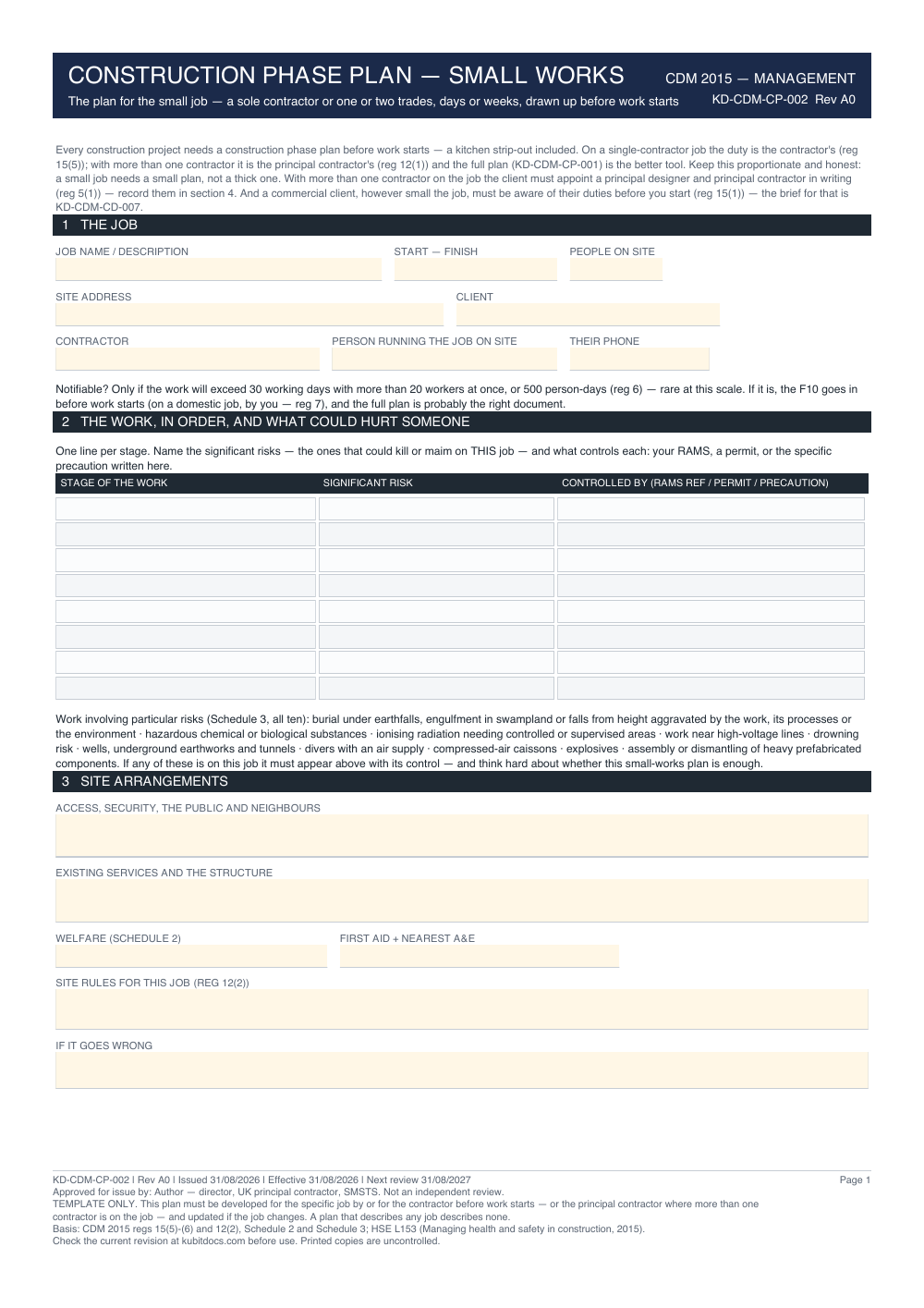Construction Phase Plan — Small Works — page one
