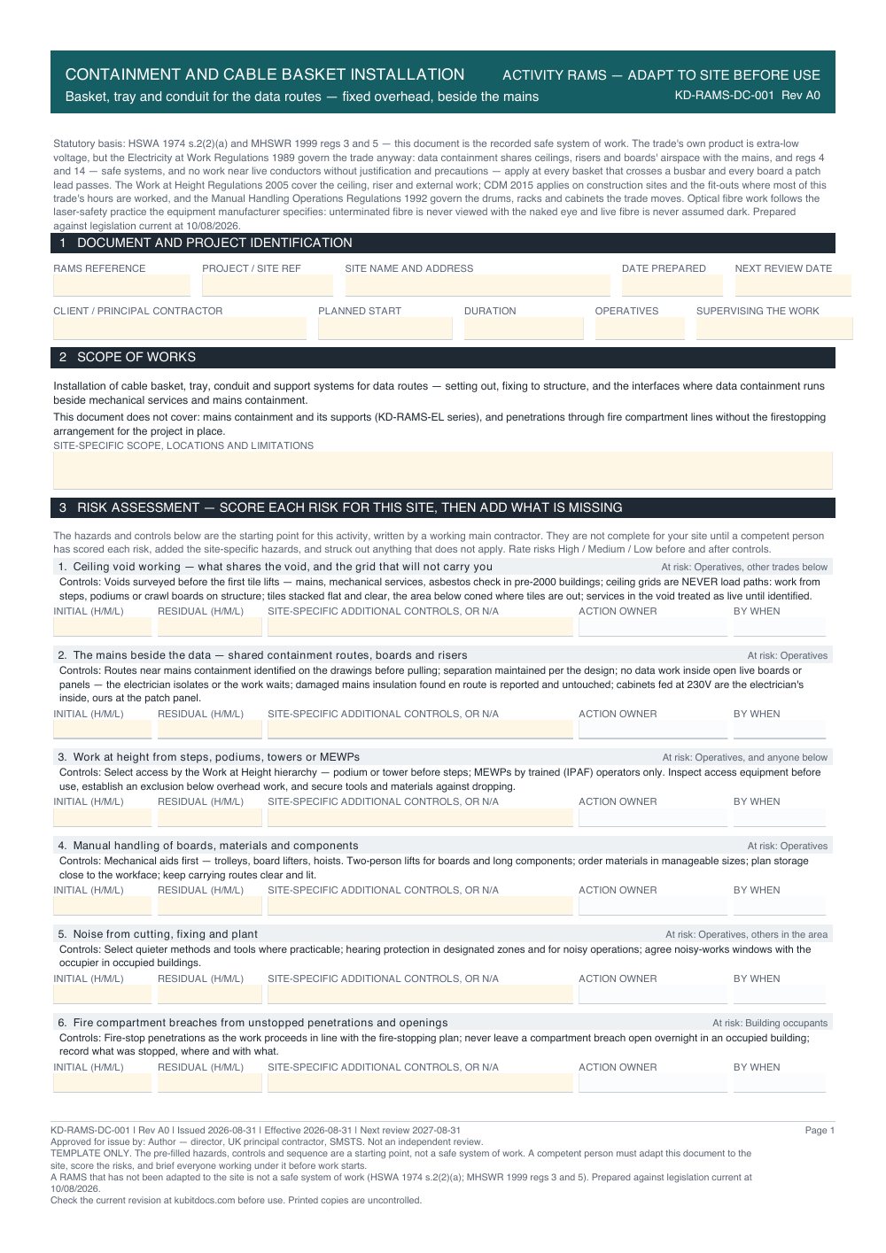 Containment and Cable Basket Installation — page one