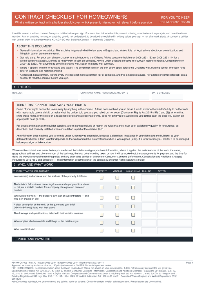 Contract Checklist for Homeowners — page one