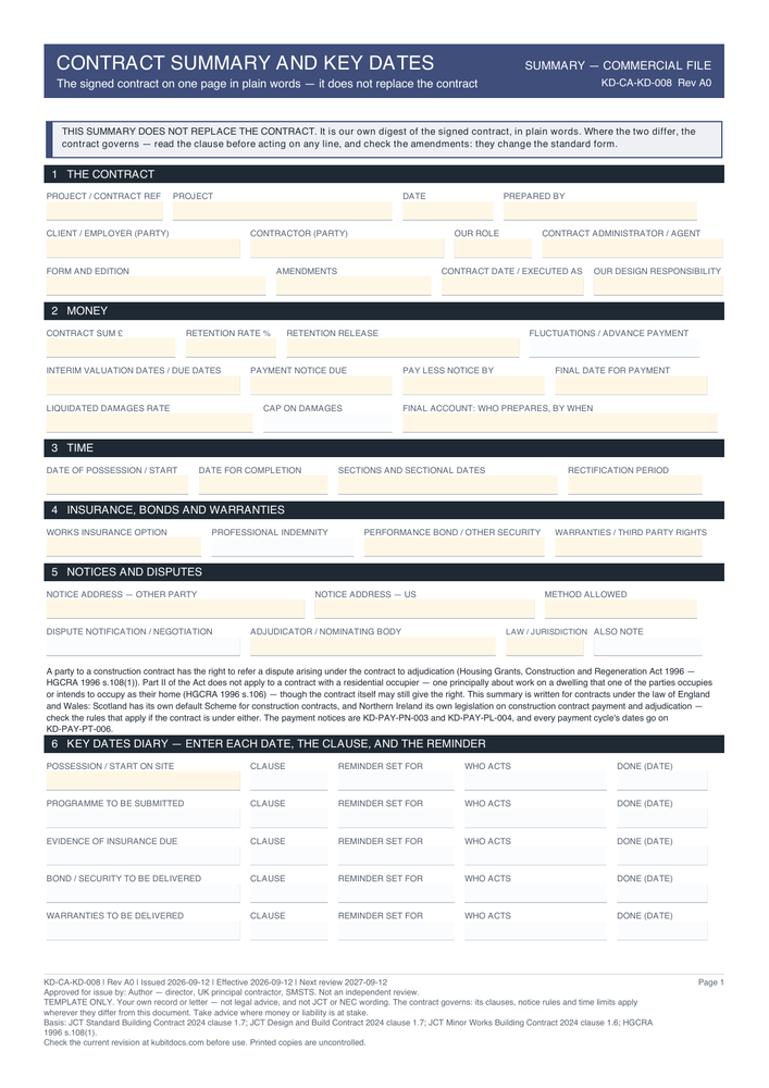 Contract Summary and Key Dates — page one