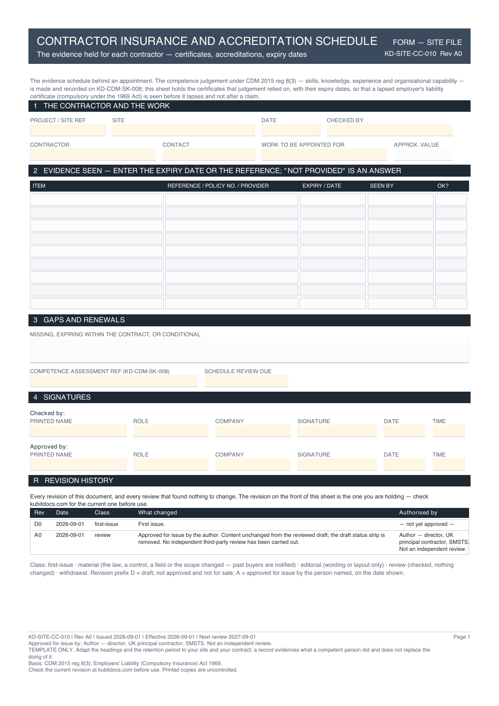 Contractor Insurance and Accreditation Schedule — page one