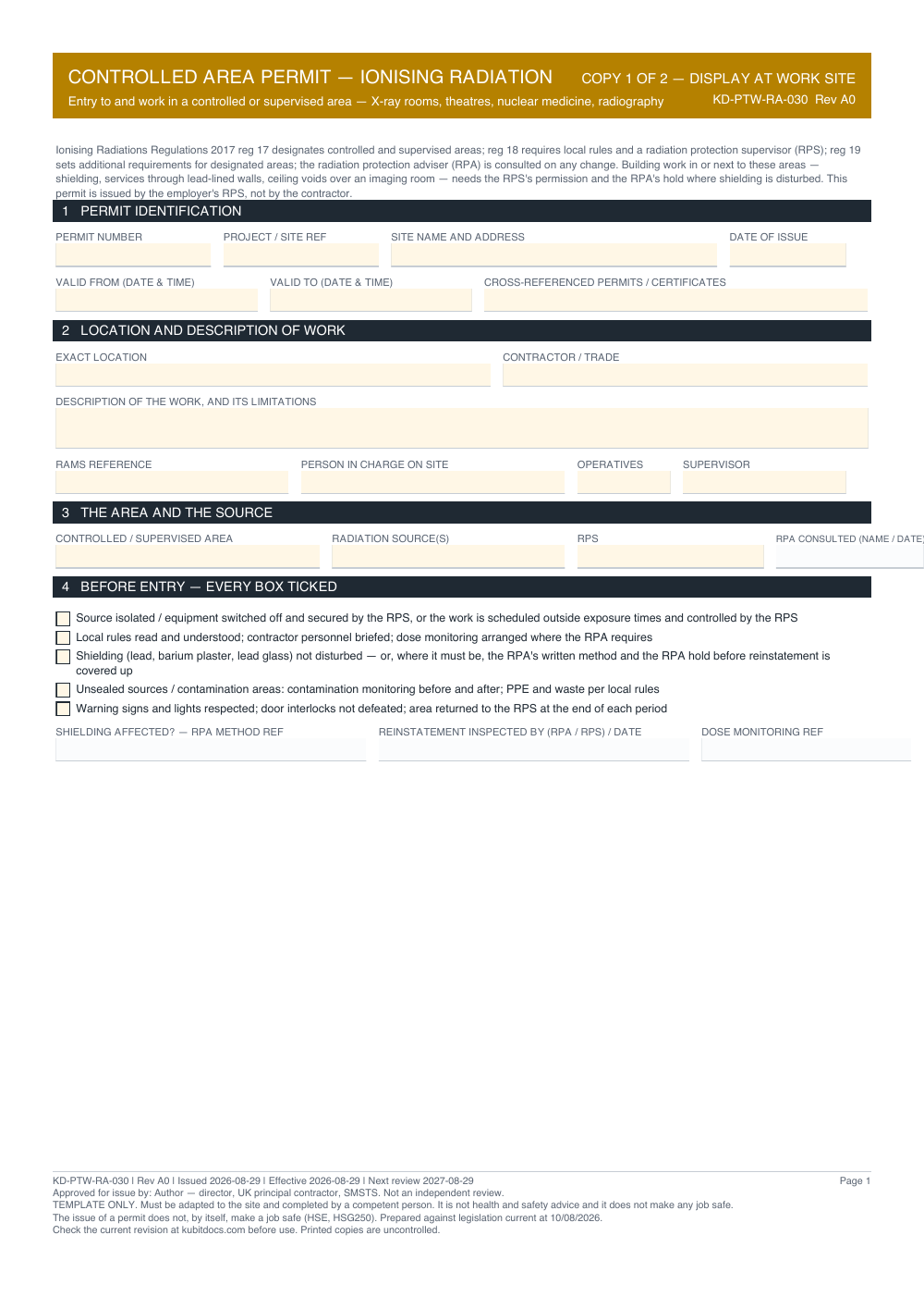 Controlled Area Permit — Ionising Radiation — page one