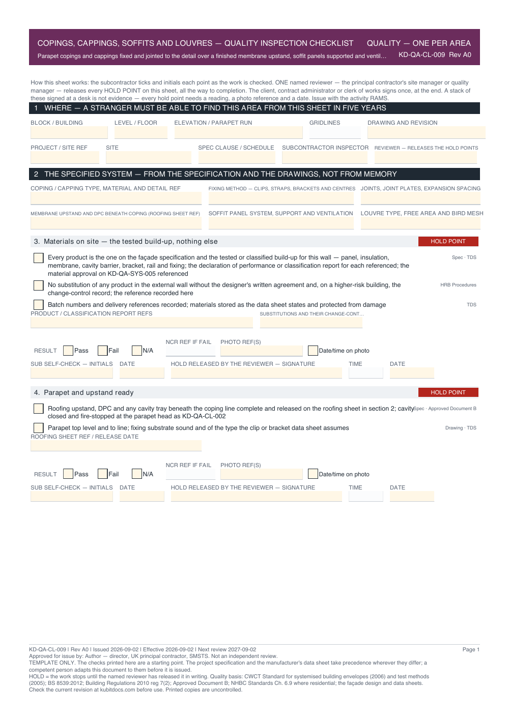 Copings, Cappings, Soffits and Louvres — Quality Inspection Checklist — page one