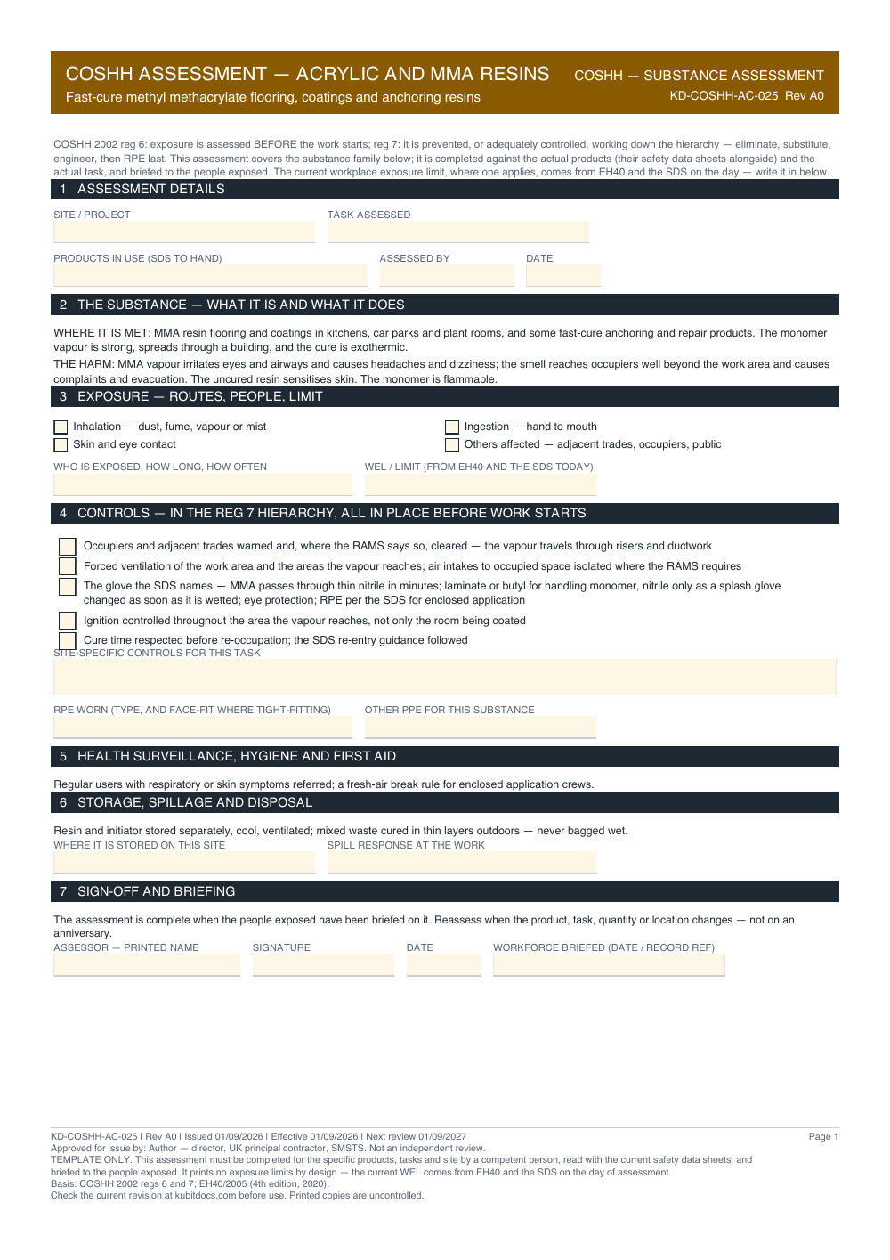 COSHH Assessment — Acrylic and MMA Resins — page one