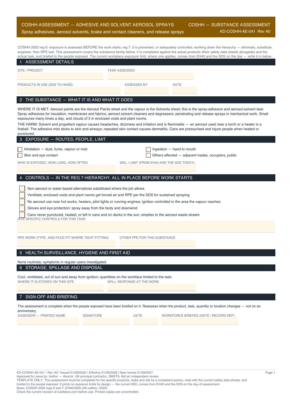 COSHH Assessment — Adhesive and Solvent Aerosol Sprays — page one