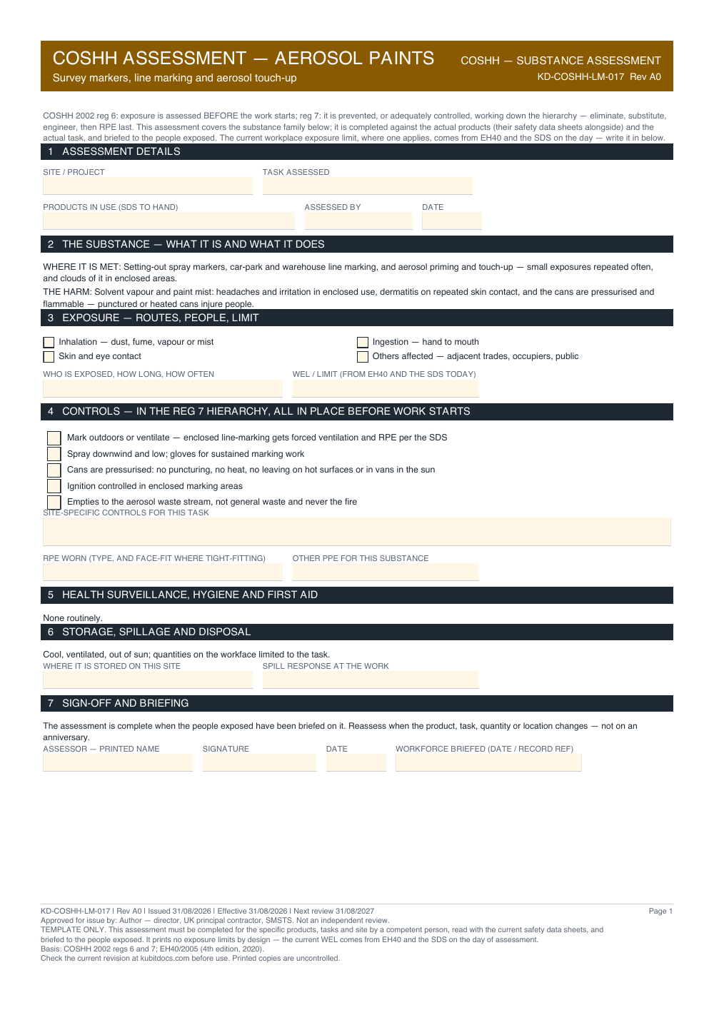 COSHH Assessment — Aerosol Paints — page one
