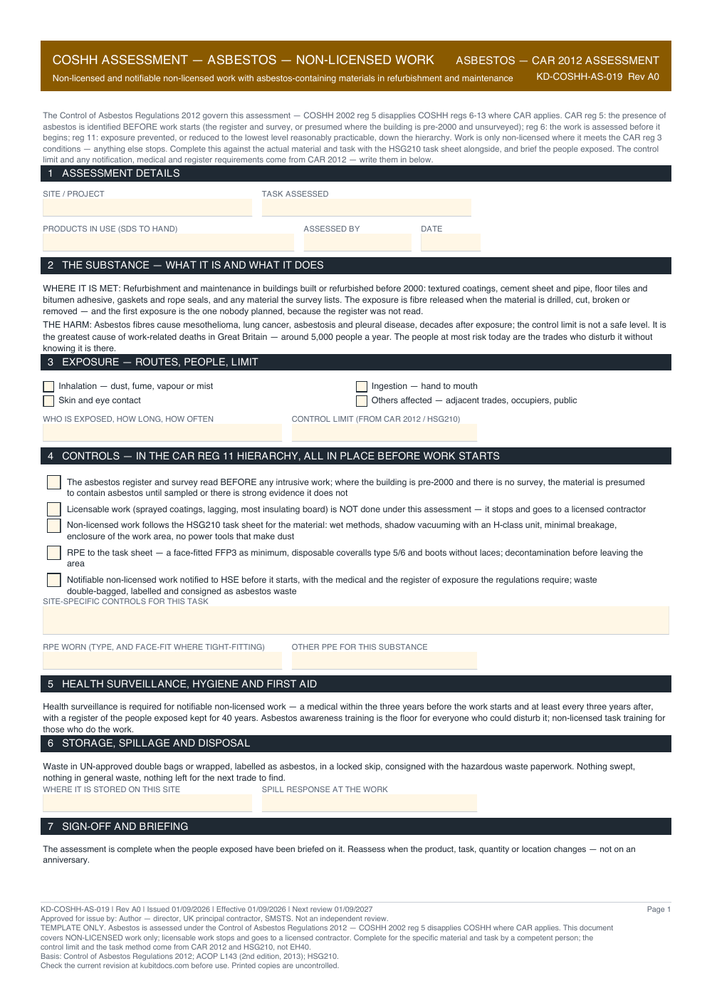 COSHH Assessment — Asbestos — Non-Licensed Work — page one