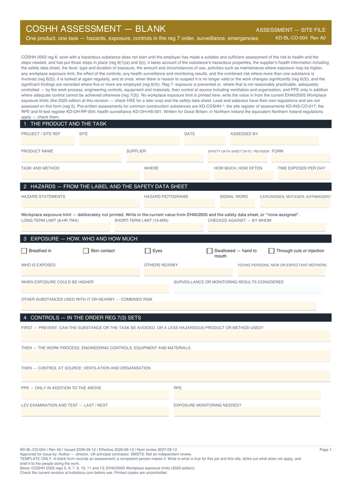 COSHH Assessment — Blank — page one