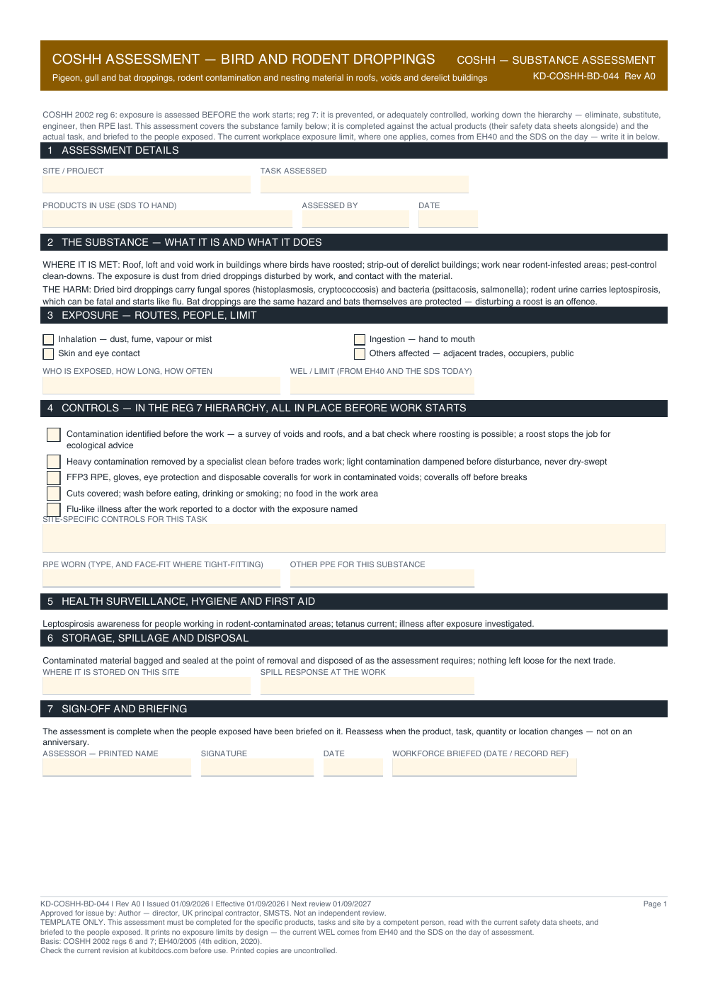 COSHH Assessment — Bird and Rodent Droppings — page one