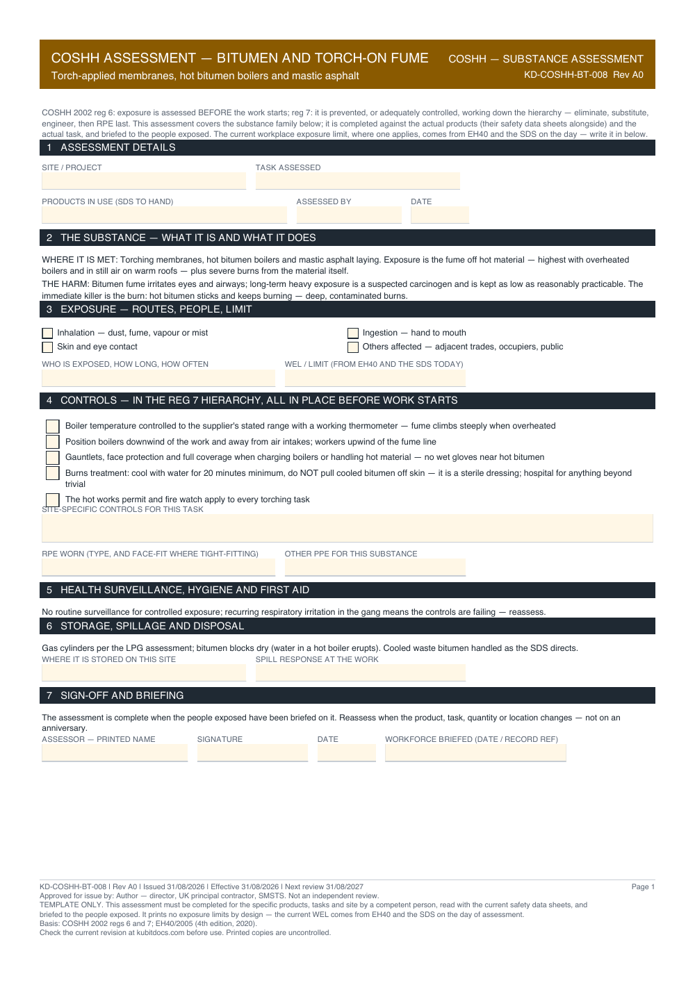 COSHH Assessment — Bitumen and Torch-On Fume — page one
