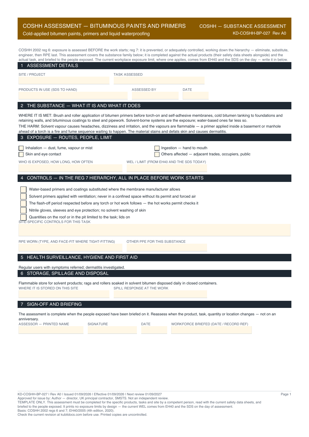 COSHH Assessment — Bituminous Paints and Primers — page one