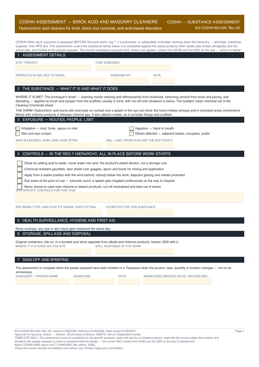 COSHH Assessment — Brick Acid and Masonry Cleaners — page one