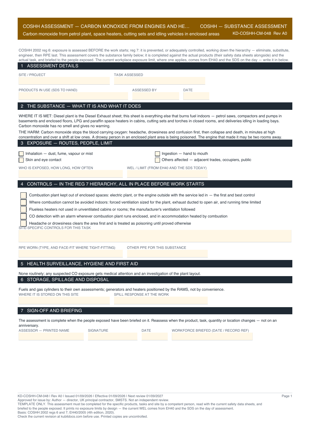 COSHH Assessment — Carbon Monoxide from Engines and Heaters — page one