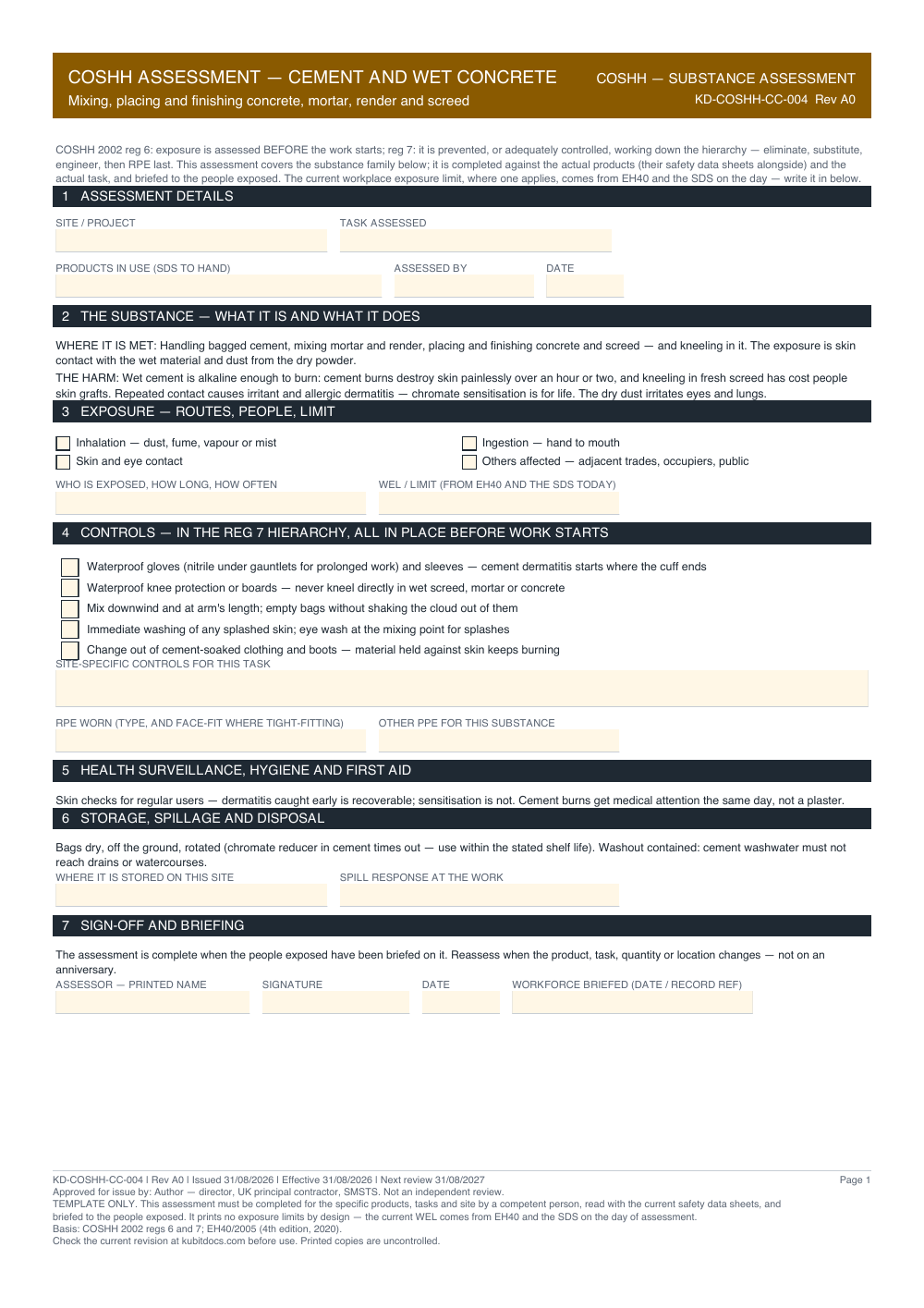 COSHH Assessment — Cement and Wet Concrete — page one