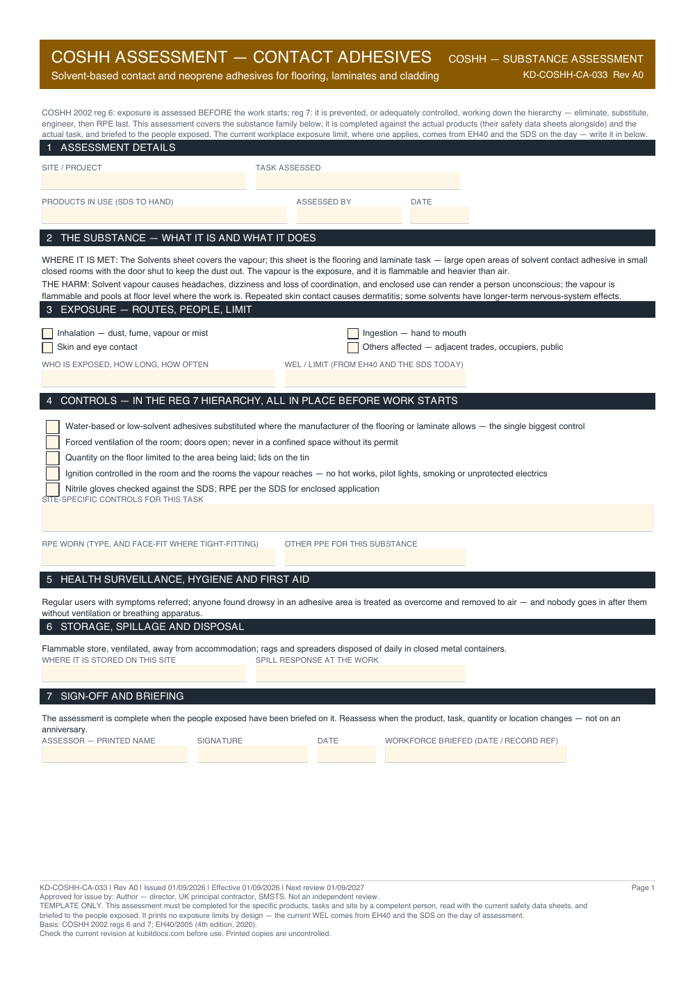 COSHH Assessment — Contact Adhesives — page one