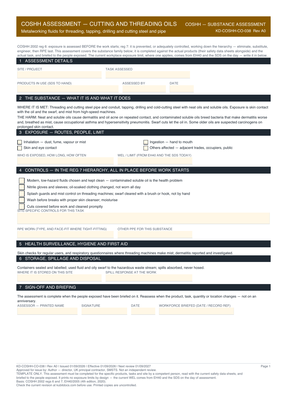 COSHH Assessment — Cutting and Threading Oils — page one