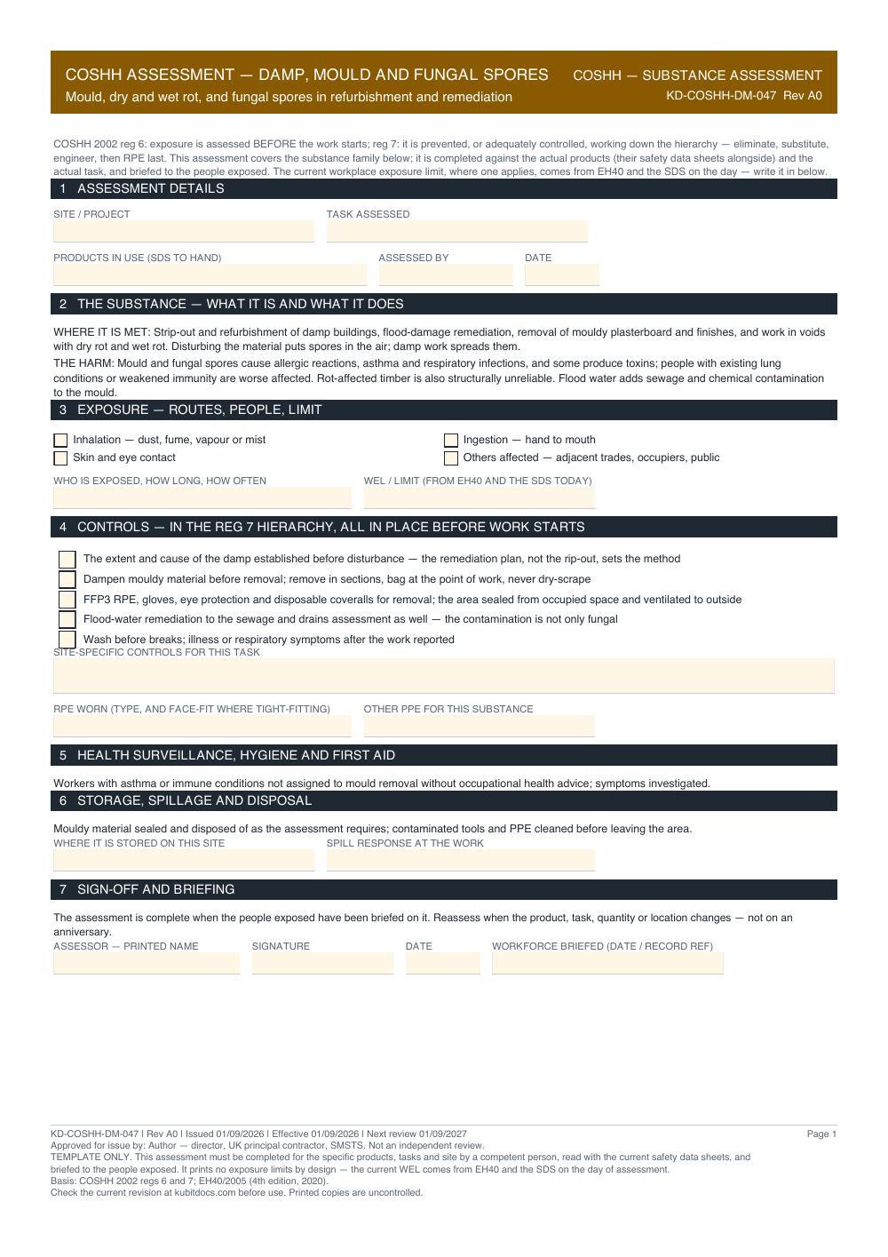 COSHH Assessment — Damp, Mould and Fungal Spores — page one