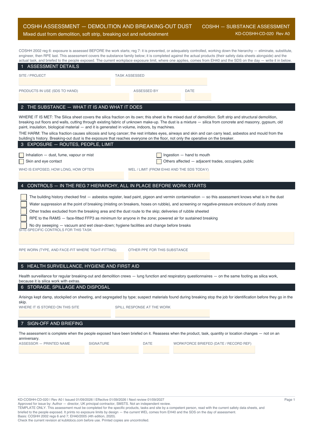 COSHH Assessment — Demolition and Breaking-Out Dust — page one