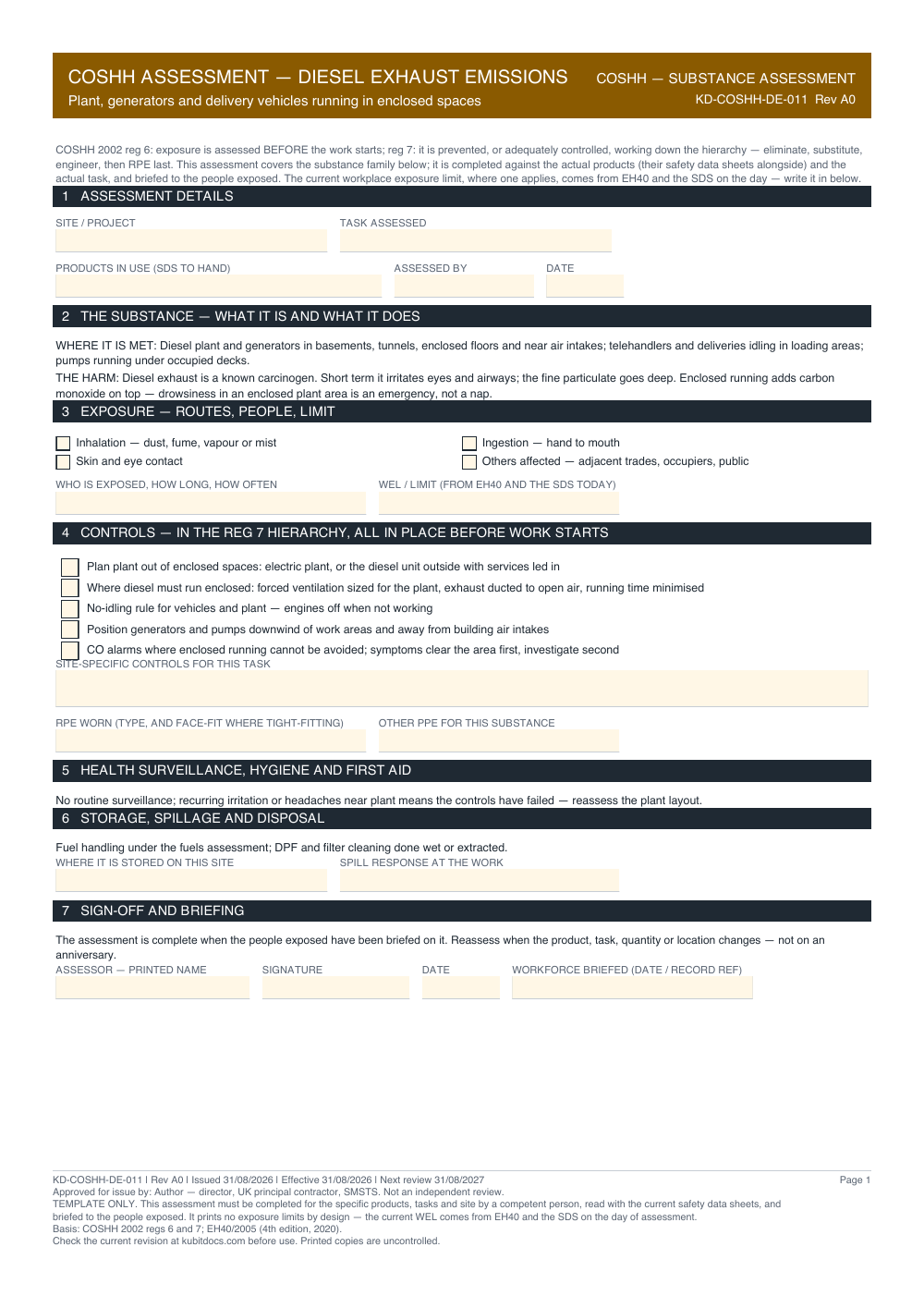 COSHH Assessment — Diesel Exhaust Emissions — page one