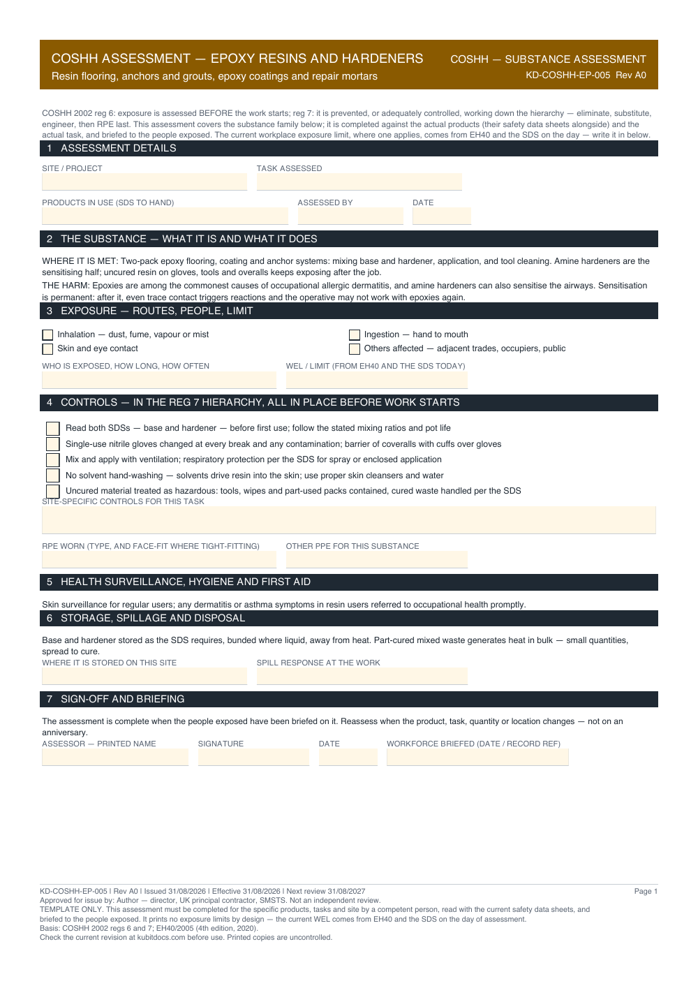 COSHH Assessment — Epoxy Resins and Hardeners — page one